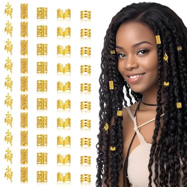 Ouligay 50pcs Gold Hair Jewelry for Braids, Loc Jewelry for Hair Dreadlocks, Gold Hair Cuff Hair Charms, Adjustable Hair Rings, Braid Jewelry Hair Beads Decorations for Men Women Girls