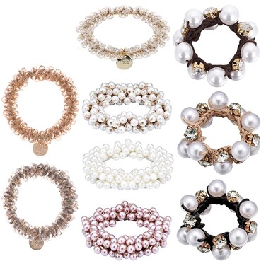 9Pcs Handmade Boho Pearl and Crystal Hair Accessories: Stretchy Scrunchies, Hair Bands, Ponytail Holders, and Hair Ropes for Women and Girls