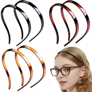 6 Pcs No Pressure Flex Plastic Glasses Headbands for Glasses Wearers No Slip Comfortable Sunglasses Hair Bands for Women's Thin Hair No Headache Teeth Comb(Black, Light Brown, Dark Brown)