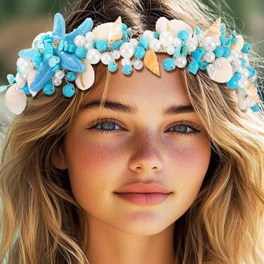 GORTIN Starfish Bride Wedding Headband Sea Shell Headpiece Turquoise Pearl Bridal Hair Accessories for Women and Girls