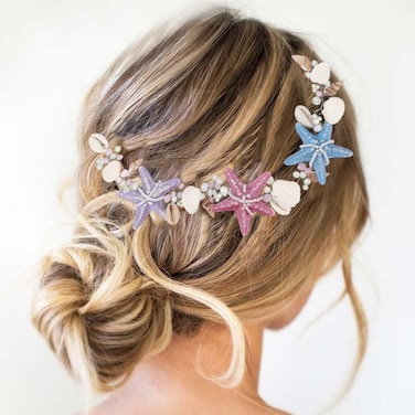 Brishow Beach Wedding Headband Starfish Hair Accessories Sea Shell Princess Headpiece Pearl Party Hair Vine for Women and Girls