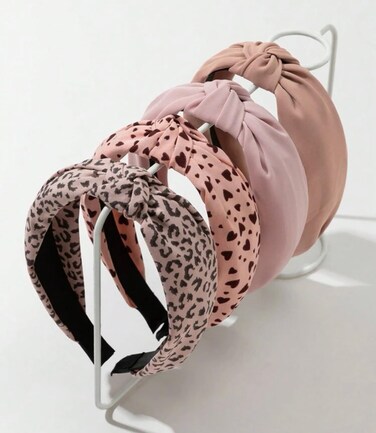 Knotted Fashion Hairbands for Women - Non-Slip Wide Hair Hoops, Cute Top Knot Headbands for Girls (Pink Heart Leopard Print)