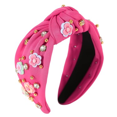 Flower Knotted Headbands for Women Sparkly Beaded Crystal Floral Headband Wide Top Knot Fancy Embellished Hairband Fashion Girls Summer Holiday Hair Accessories B-Hot Pink