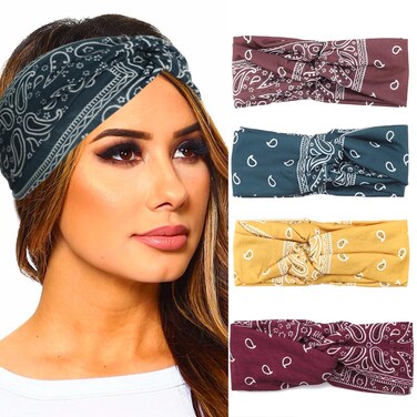Urieo Boho Bandanas for Women Stretch Paisley Print Bandana Headband Knotted Hair Bandana Wide Hair Band Yoga Daily Headbands(Pack of 4) (H)