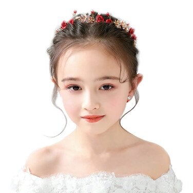 PRDGIRL Red Rose Floral Headband for Women Elegant Pearl Rhinestone Flower Girl Hair Accessories Hair Vine for Bridal Wedding Party