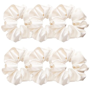 Sufermoe 6 Pcs Satin Silk Hair Scrunchies, Pearl White (Pearl white with a little peach pink, not pure white), 4.5 Inch, Hair Ties for Women and Girls, Hair Accessories
