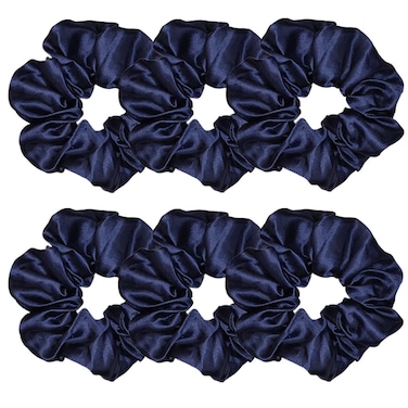 6 Pcs Satin Silk Scrunchies - Soft Hair Ties, Fashion Bands, Bows, Ropes, Elastic Bracelets, Ponytail Holders for Women and Girls (4.5 Inch, Navy Blue)