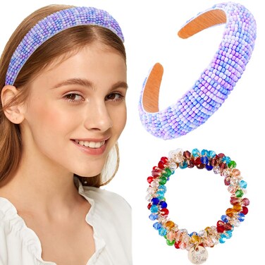 Purple Beads Wide Headbands Padded Hairbands Gorgeous Embellished Hair Hoop with Beaded Hair Ties Summer Head Bands for Women