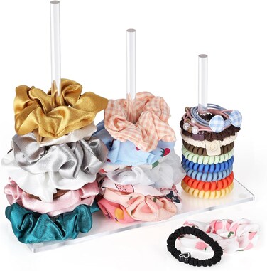 3-Tiers Scrunchie Holder Stand, Acrylic Hair Ties Organizer, Clear Hair Bands Tower, Hair Elastics Storage Organizer, Hair Accessories Organizer, Scrunchie Display Holder for Women and Girls