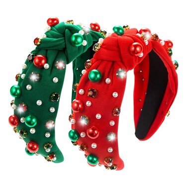 TailaiMei 2Pcs Christmas Rhinestone Knotted Headband for Women, Red &amp; Green Jeweled Crystal Embellished Ladies Twist Wide Hair Band Accessories Holiday Makeup Hair Hoop Gifts (Pearl)