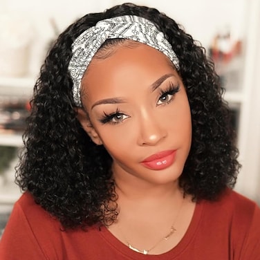 AISI QUEENS Headband Wig Human Hair For Black Women Curly Wigs Glueless Human Hair Short Curly Headband Wigs (14 Inch, Curly Headband Wigs)