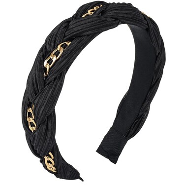 PLwelth Black Headband for Women Girls Gold Chain Padded Headband Non Slip Soft Hairbands Cute Makeup Braided Wide Headband for Thin Thick Long Short Curly Aesthetic Hair Party Accessories
