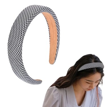 Guqqeuc Buffalo Plaid Headband for Women Girls Black and White Check Headbands for Teen Girls Puffy Sponge Headband for Womens Padded Headbands for Women Basic Hair Accessories for Thick Thin Hair
