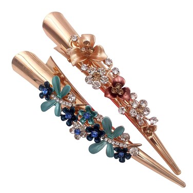 2PCS Boho Iris Dragonfly Long Duckbill Beak Alligator Crocodile Teeth Gold Tone Metal Hair Clip Clamp for Women