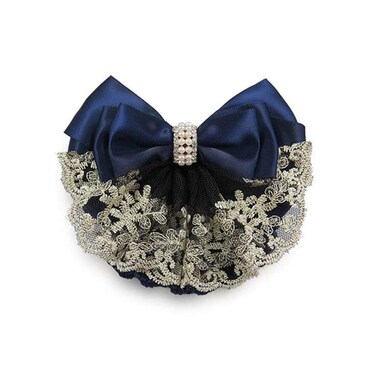 2Pcs Professional Hair Bun Cover Net Snood Hairnet Bowknot with Fan-shaped Lace Pearl Crystal Decoration Barrette Hair Clip Hair Accessories for Womens Nurse Stewardess with Work Clothes (Blue)