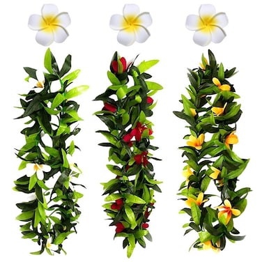 6 Pcs Hawaiian Leis Plumeria Hair Clips Luau Tropical Leaf Necklace Flower Barrettes Headpiece Women Garland Hair Pins Hairpins Hairclips Summer Beach Wedding Birthday Party Decorations Supplies