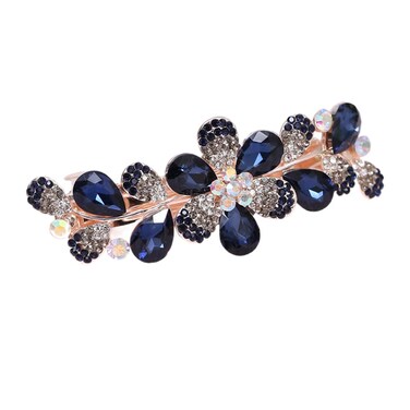 Ruihfas Women Girls Crystal Rhinestone Flower Pattern Hair Spring Clip Hairpin Sweet Hair Accessories (Dark Blue)
