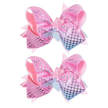 2pcs Glitter Mermaid Hair Bow Clips Girls 4.7" Mermaid Scales Ribbon Alligator Hairpins Barrettes Birthday Gift for Kids Toddlers Teens Summer Beach Dress outfits Decor Accessories