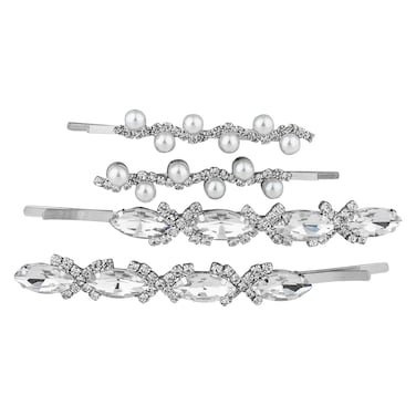 Lux Accessories Set (4pc) Silver Clear Crystal Rhinestones Marquise Cut Iridescent Pearls Fashionable Hair Pins