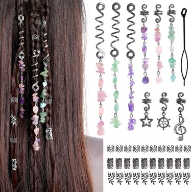 hoyuwak 40Pcs Hair Jewelry for Braids Loc Dreadlock Accessories Hair Beads Clips Cuffs Charms Rings for Women Grls Rave Punk Hairstyle Decoration, Black