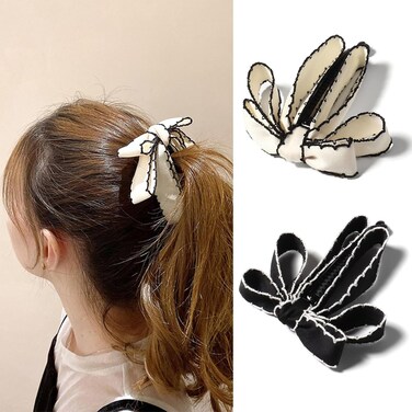 Auwiyd 2 PCS Banana Clip - Ribbon Bow Korean Style Hair Clip for Women Girls - Acrylic &amp; Fabric Hairpin with Classic Bow Design - Widely Used for Parties, Weddings, Daily Wear