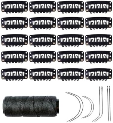 YANTAISIYU 20 Pieces 32mm Hairpieces Snap Clips U Shape Wig Clips for Hair Extensions Making Wig Accessories Set Tools (Black)