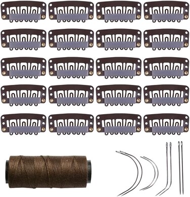 YANTAISIYU 20 Pieces 32mm Hairpieces Snap Clips U Shape Wig Clips for Hair Extensions Making Wig Accessories Set Tools（Dark Brown