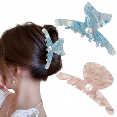 FRDTLUTHW Blue Fish Tail Hair Clips with Pearl Mermaid Medium Hair Claw Clips,Beach Essentials,Pink Ocean Pearl Sea Shell Hair Jaw Barrettes,Strong Hold Non-slip Hair Accessories for Women