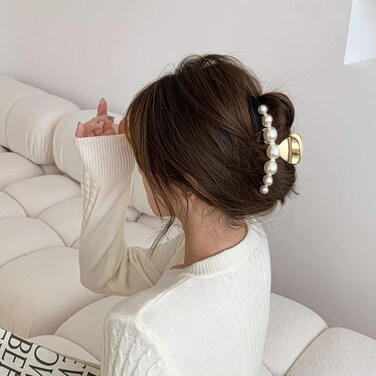 Hair Clip, Large Pearl Gold Metal Hair Claw Clips, Nonslip Hair Accessories for Thick Long Hair, Birthday Gift for Women, Girls, Daughters, Girlfriends