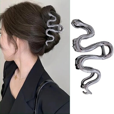 Large Metal Black Snake Hair Claws Clips - 4.3 Inch Non-Slip Cross Barrettes for Thick Hair, Shining Strong Crab Claws for Women and Girls