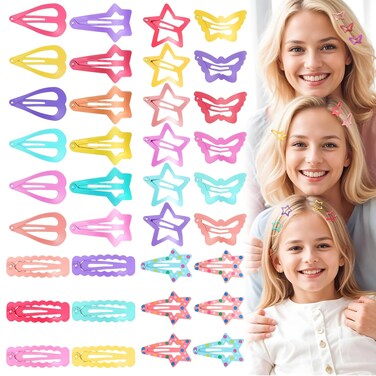 36Pcs Snap Hair Clips for Girls Candy Color Hair Snap Clips No Slip Star Hair Clips Colorful Hair Clips Cute Butterfly Barrettes Heart Shaped Hairclips for Toddlers Kids Teens Women