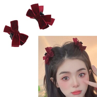 Mini Velvet Bow Knot Hair Claws - Small Red Bowknot Claw Clips for Women &amp; Girls - No Slip Bow Jaw Clips 2Pcs