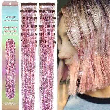 Hair Tinsel 12 Pcs Hair Tinsel Clip in Glitter Tinsel Hair Extensions 23.6Inch Clip in Hair Tinsel Kit for Girls Sparkling Fairy Party Dazzle Hair Accessories for Women Kids (Pink)