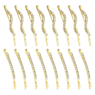 16 Pieces Fancy Rhinestone Bobby Pins, YISSION Gold Metal Hair Clips 2 Shaped Barrettes, Sparkly Crystal Hair Accessories for Women Girls Wedding Prom Party