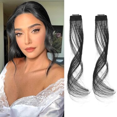 Flufymooz Clip-in Bangs, 2PCS Side Air Bangs, 12 inch, Black, Modern Wavy/Curly, Heat Resistant, Synthetic, Natural