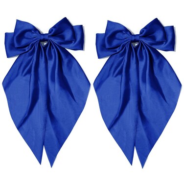 2Pcs Silky Satin Hair Ribbons - Sapphire Blue Long Tail Coquette Clips, Aesthetic Accessories for Women