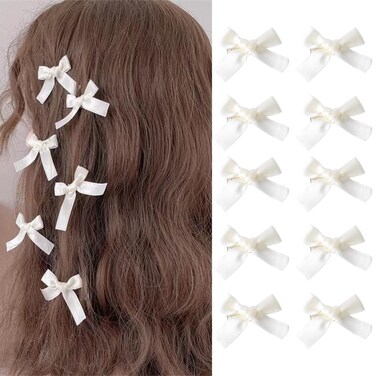 Hair Bows for Women Girls Mini Bow Clips Tiny Hair Clips for Women Teen Girls Y2K Accessories Coquette Hair Bows Hair Knockers for Girls Sister Daughter 10pcs White Satin Bow Clip for Hair