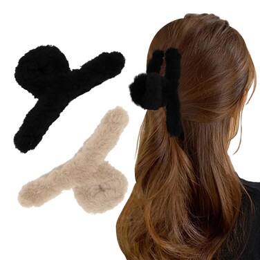 2Pcs Fuzzy Hair Clips Plush Hair Clamp for Thick Thin Hair, Large Nonslip Faux Fur Hair Claw Clips Cute Hair Clips for Women（Black, Light Brown）