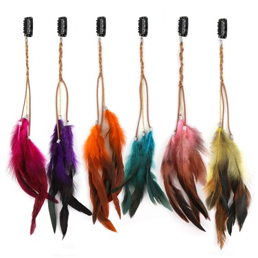 6Pcs Clip in Feather Hair Extension, Handmade Feather Extension, Women Halloween Costume Hair Accessories, Bohemian Hippie Hair Clips, Cosplay Native Tribal Feather Braided Beads Headdress