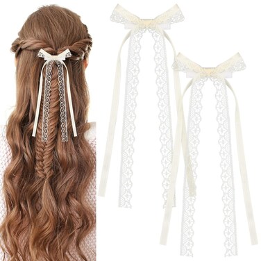 2pcs Lace Hair Bows Clips with Long Tail for Women Girls White Lace Bows for Hair Cute Lace Hair Ribbon Bow Bowknots Tassel Hair Barrettes Gifts for Baby Toddlers Teens Kids