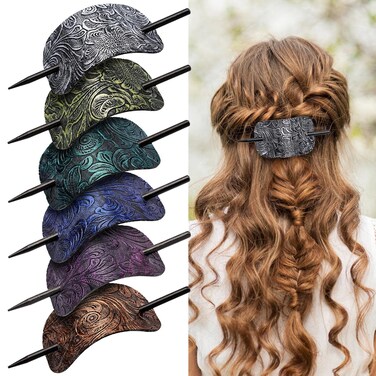 Noverlife 6PCS Leather Hair Barrettes with Stick, Square Shape Hair Accessories Set - Ponytail Holders, Clips with Wood Slide Stick for Women Girls