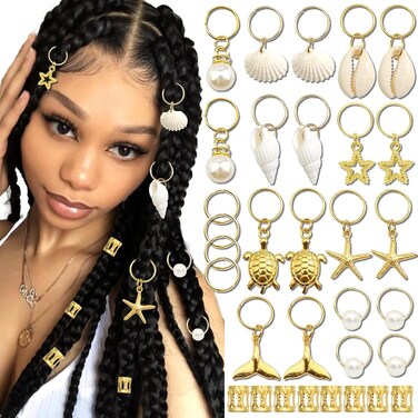 40PCS Shell Loc Jewelry Gold Hair Jewelry for Braids Starfish Braids Clips Pearl Dreadlock Jewelry Seashell Braids Accessories Hair Decoration for Women