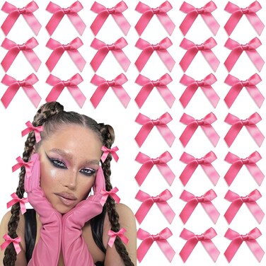 30PCS Bow Hair Clips Hot Pink Mini Hair Bows Kawaii Hair Ribbons Clips Satin Bow Hair Accessories for Women Girls