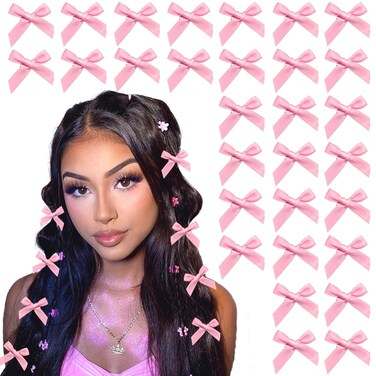 30PCS Bow Hair Clips Pink Satin Mini Bowknot Hair Accessories Cute Hair Bow Barrettes Ribbon Hairpins for Women Girls
