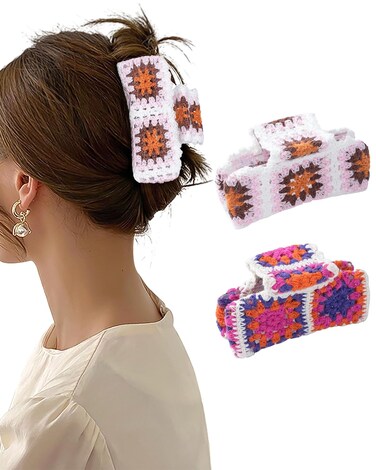 WELROG 2Pcs Larger Crochet Hair Claw Clips - Knitted Strawberry Hair Clips for Women Girls Non-Slip Jaw Clips