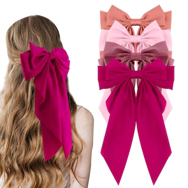 Silky Satin Bow Hair Clips for Women - Large French-Style Bowknot Barrettes with Long Tail Ribbon, Coquette Bows for Hair, Pink Lovers Valentine's Day Gift