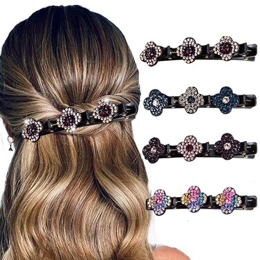 Braided Hair Clips for Women Sparkling Crystal Stone Hair Clip Rhinestone Four-Leaf Clover Chopped Hairpins Duckbill Clips 4Pcs