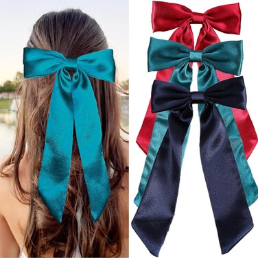 3pcs Long Tail Bow Hair Clips for Women, Silky Satin Hair Ribbon Bows Bowknot Barrettes Clip Big Bows for Women Girls Cute Hair Accessories (Navy blue Green Burgundy)