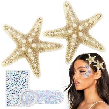 4Pcs Starfish Hair Clips - TEBIEKOY Mermaid Hair Clip and Body Glitter Face Glitter Set Mermaid Costume Women Mermaid Hair Accessories for Women Girls Adult