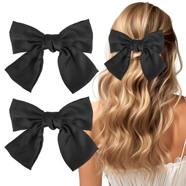 2 Pcs 6'' Hair Bows for Women, Short Satin Hair Bow Clips, Silky Double Layer Big Hair Bows Black Hair Bow Barrettes Cute French Hair Styling Accessories for Women Girls(Black)